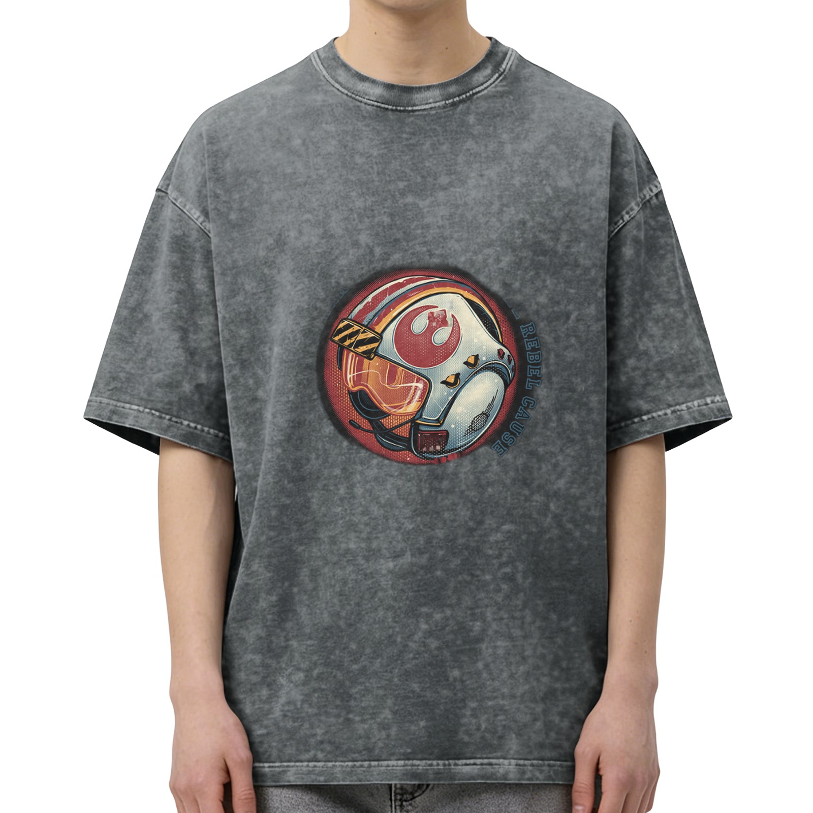 Washed Black T-Shirt With Rebel Pilot Helmet Graphic