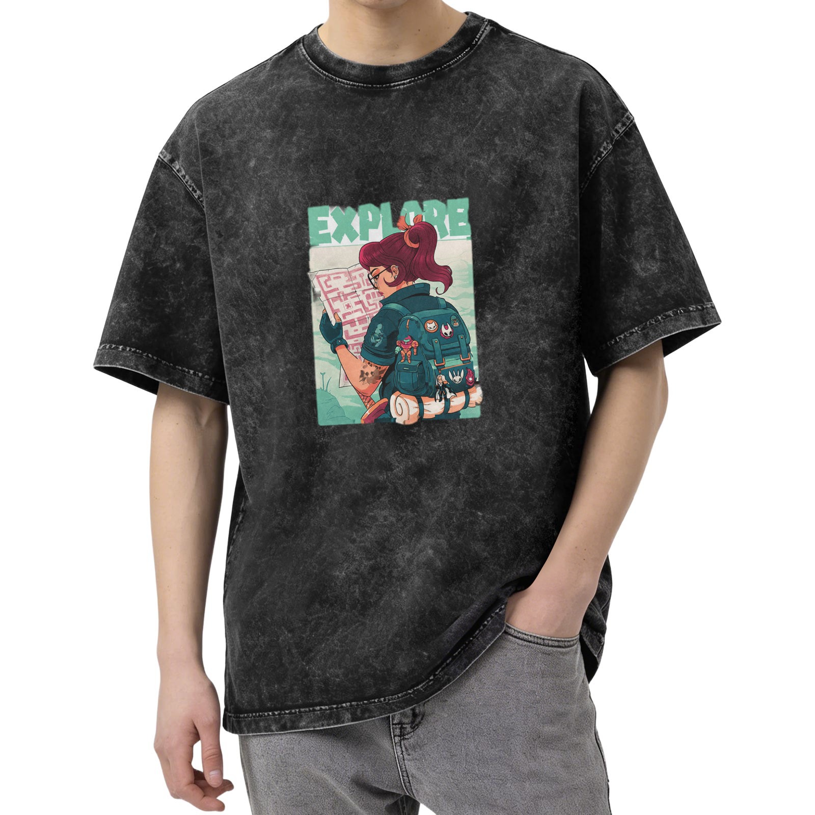 Oversized dark wash graphic tee with explore-themed adventurer print