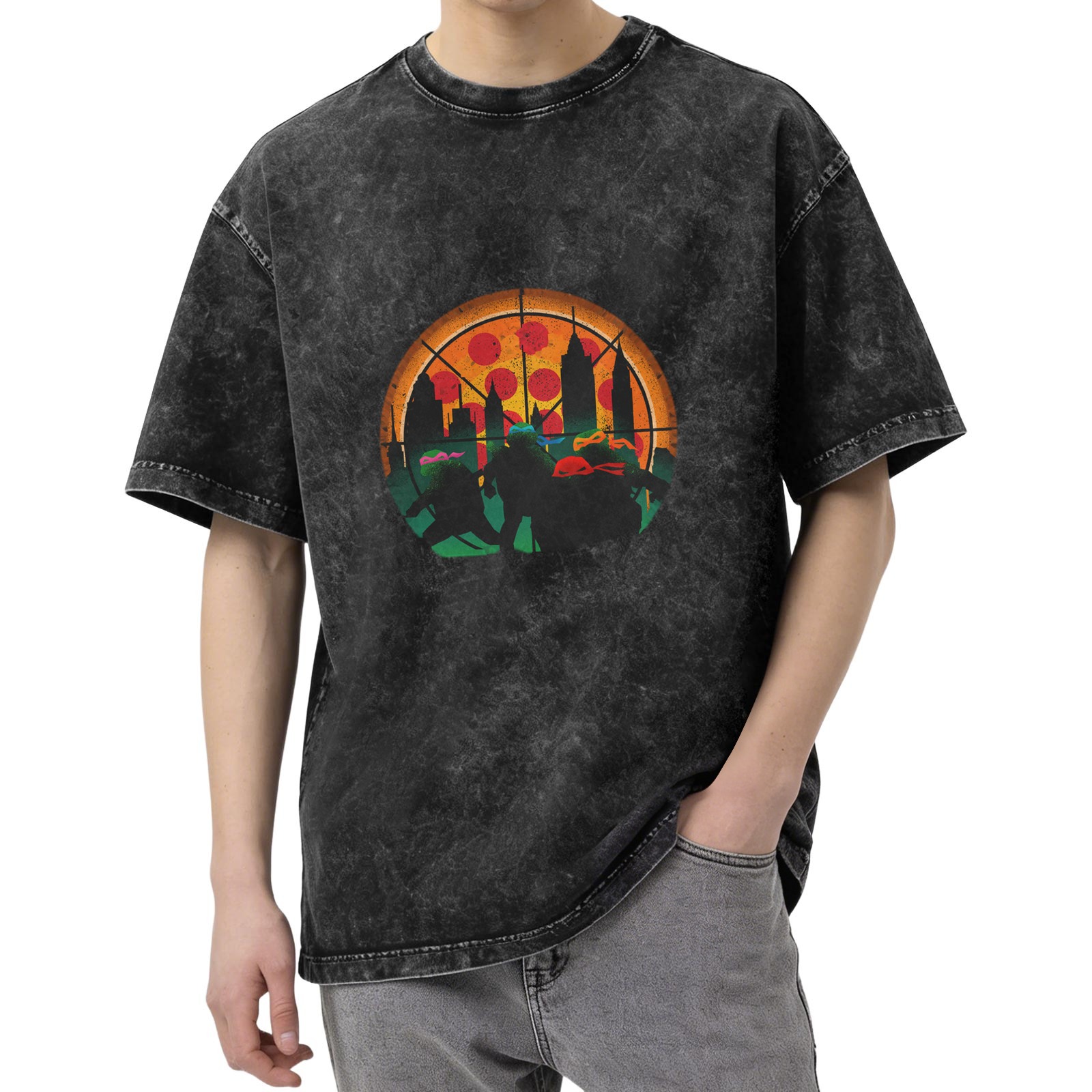 Teenage Mutant Ninja Turtles Pizza City Silhouette Acid Wash T-Shirt