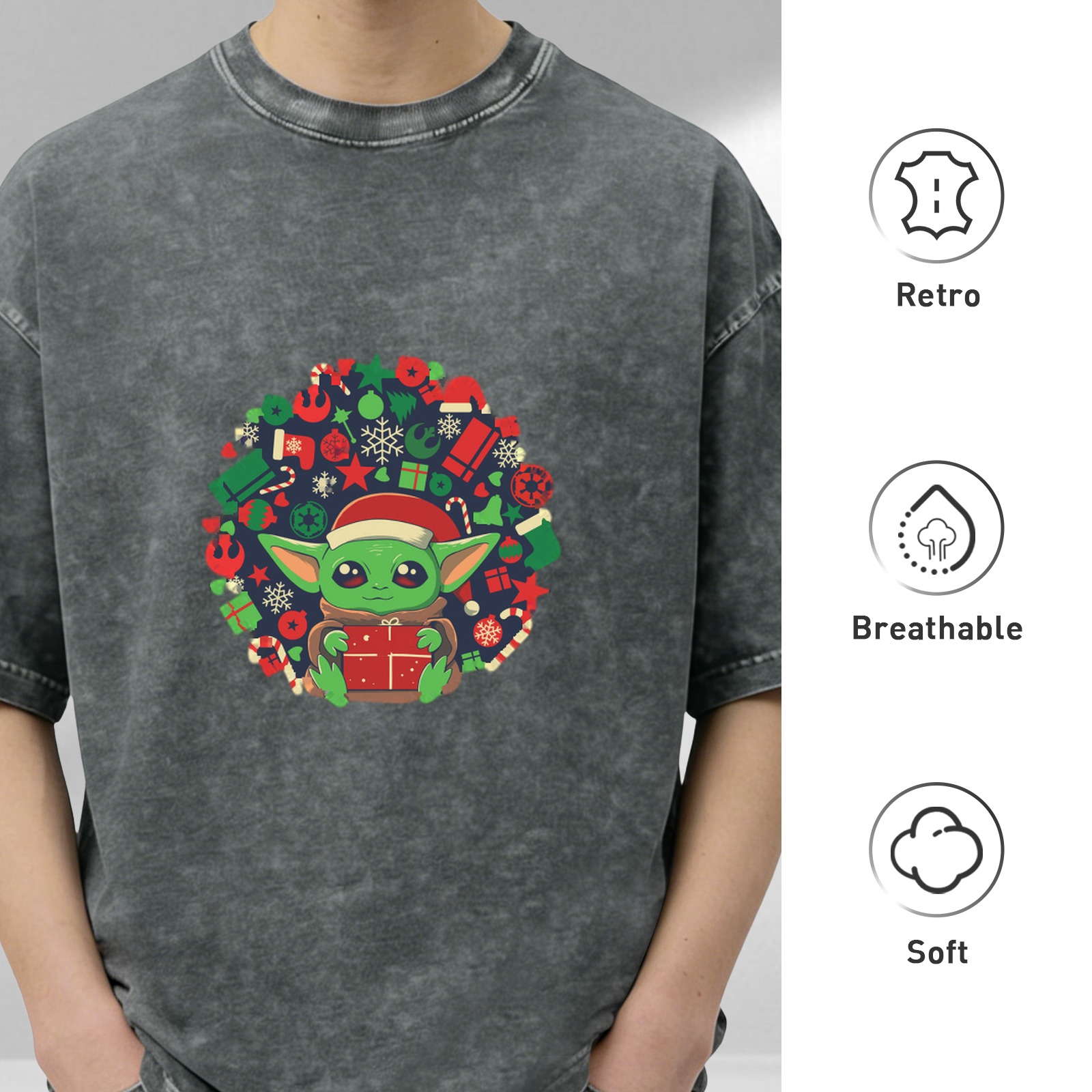 Baby Yoda Christmas Wreath Graphic Stonewashed Black T-Shirt