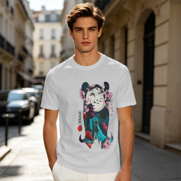 Olive T-shirt with Japanese-inspired moon and cherry blossom graphic