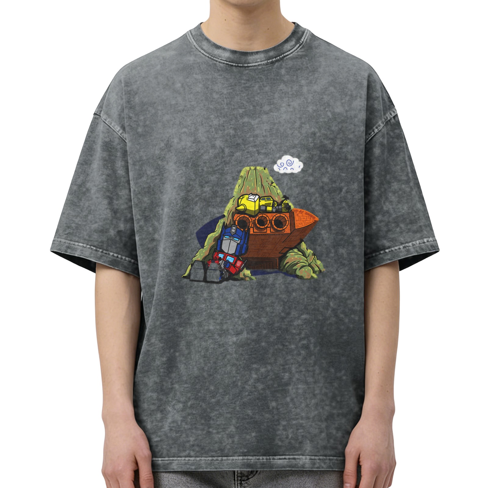 Distressed washed black loose short-sleeved T-shirt Cartoon Transformers printed casual top