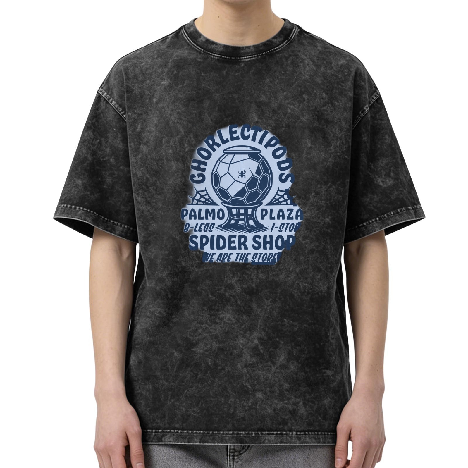 Washed black graphic tee with spider shop themed print