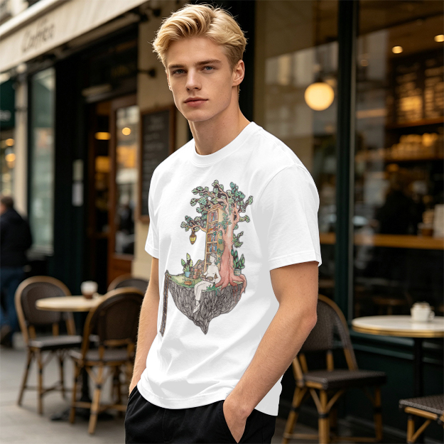 Olive t-shirt with whimsical floating treehouse reading scene print