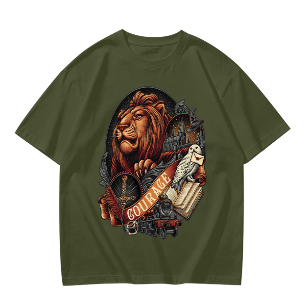 Olive T-Shirt With Lion Courage Themed Fantasy Art Print
