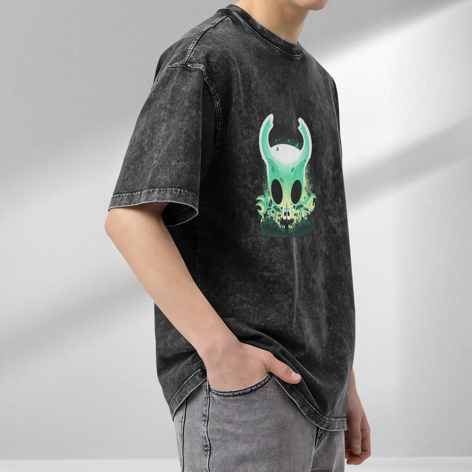 Oversized Dark Wash T-Shirt With Glowing Green Horned Skull Art