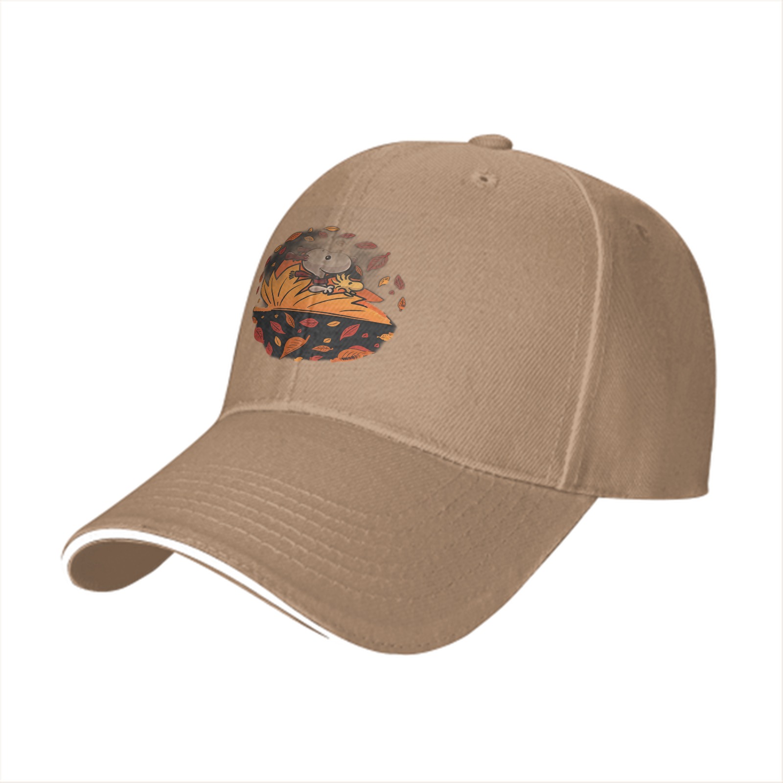 Black baseball cap with autumn leaf and character graphic