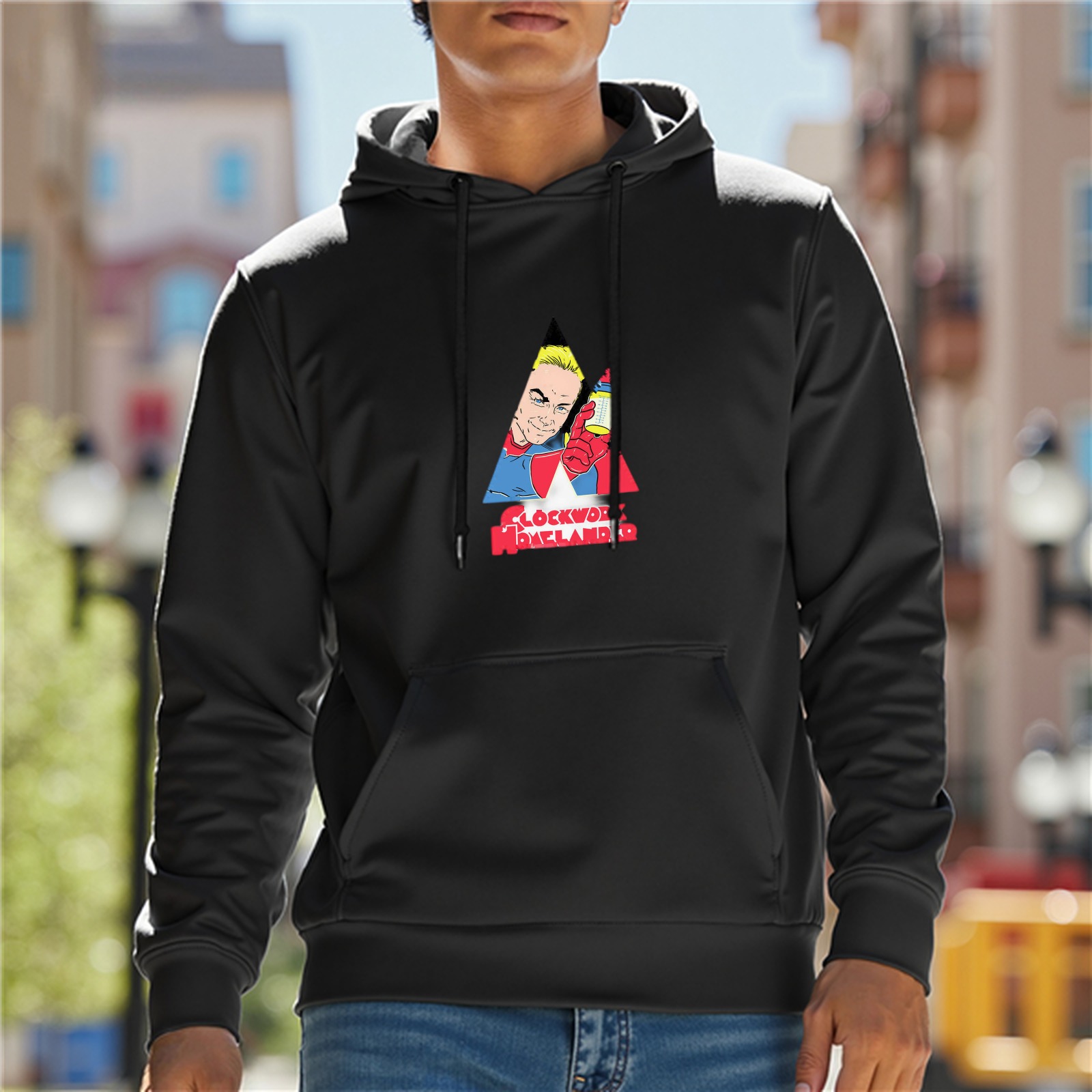 Black hoodie with Clockwork Homelander graphic print