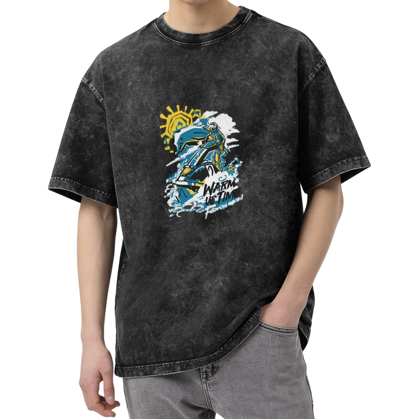 Oversized Acid Wash Graphic T-Shirt With Rider And Sun Print