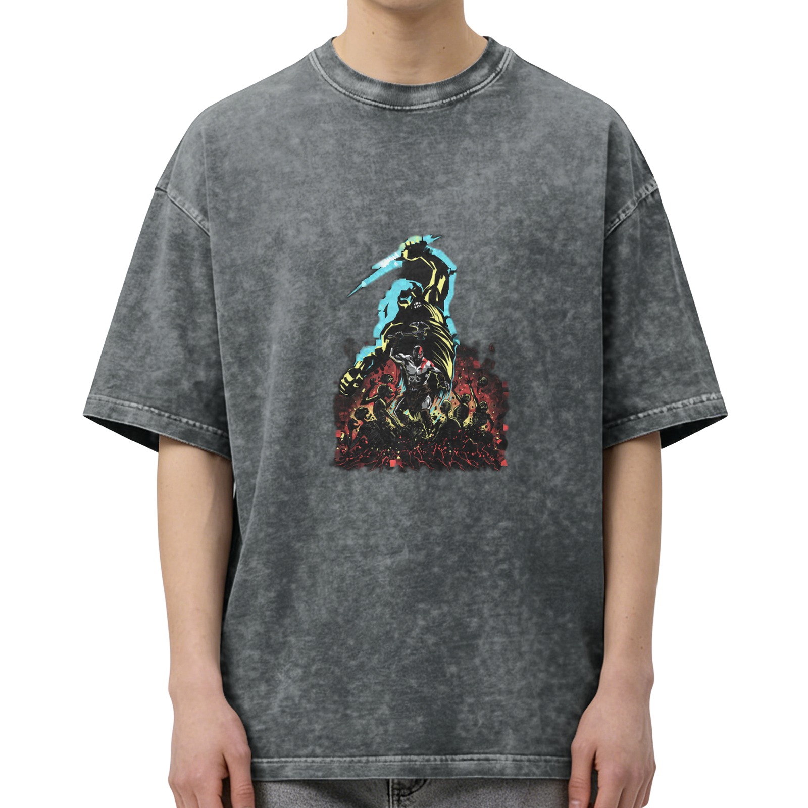 Washed Black Graphic T-Shirt With Mythological Warrior Print