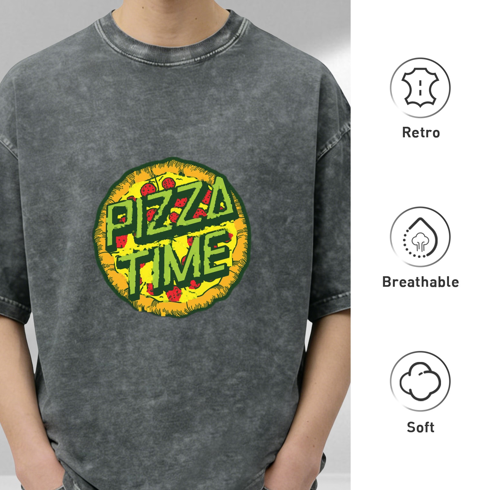 oversized acid wash t-shirt with pizza time graphic print