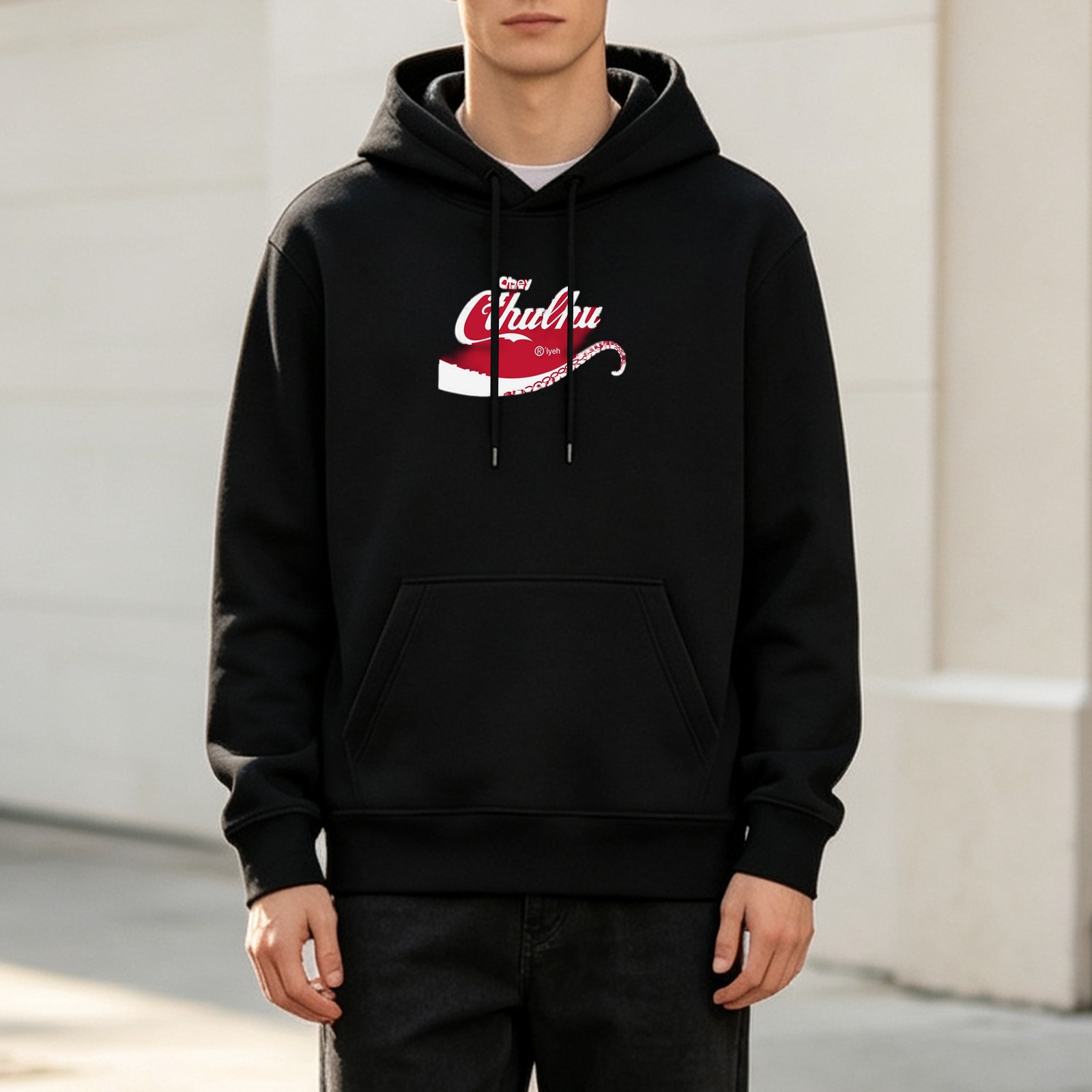 Black hoodie with Cthulhu themed retro soda style graphic