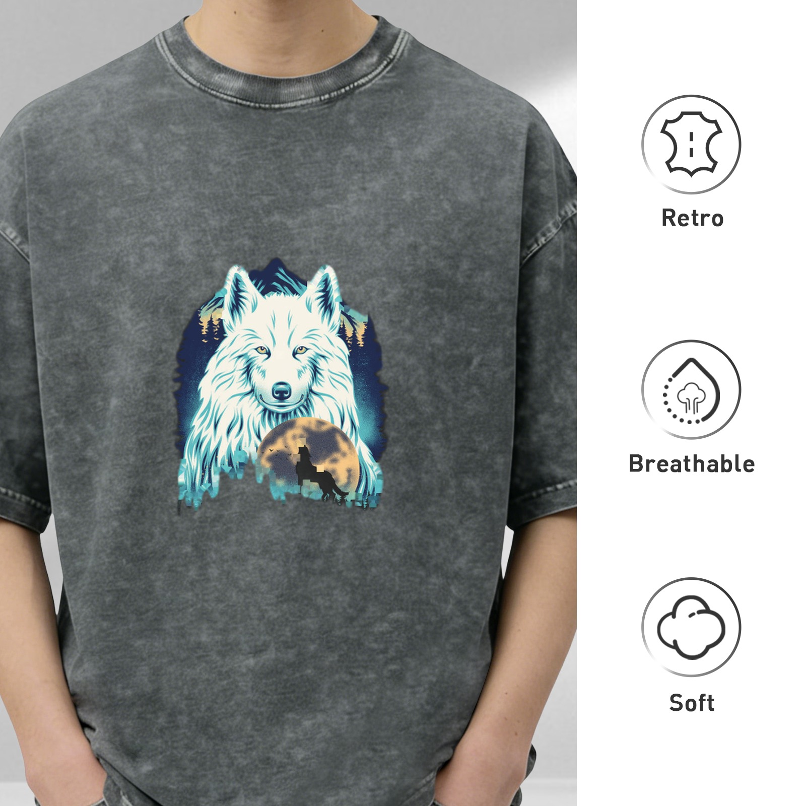 Oversized Dark Wash T-Shirt With White Wolf And Moon Graphic