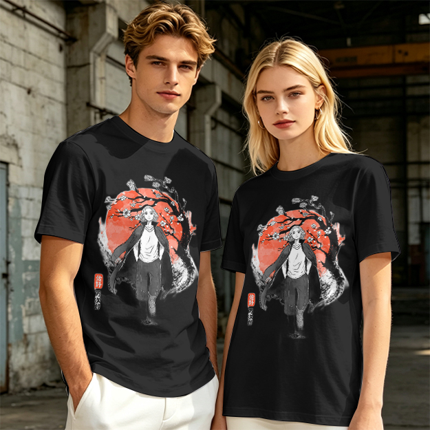 Anime Character with Cherry Blossom Red Moon Graphic T-Shirt