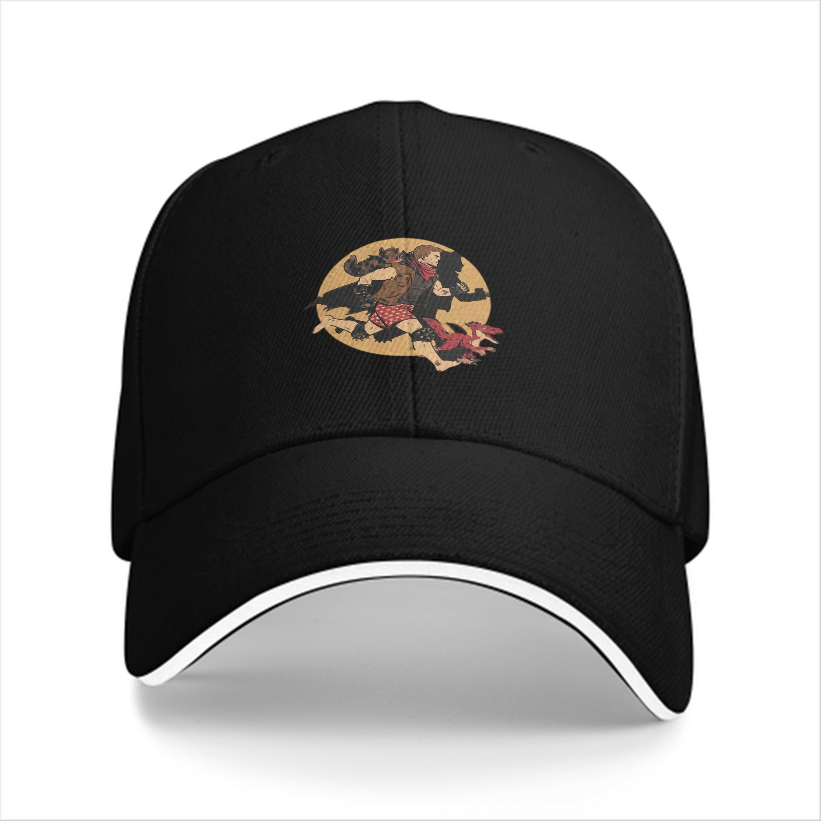 Black baseball cap with running fantasy character graphic print