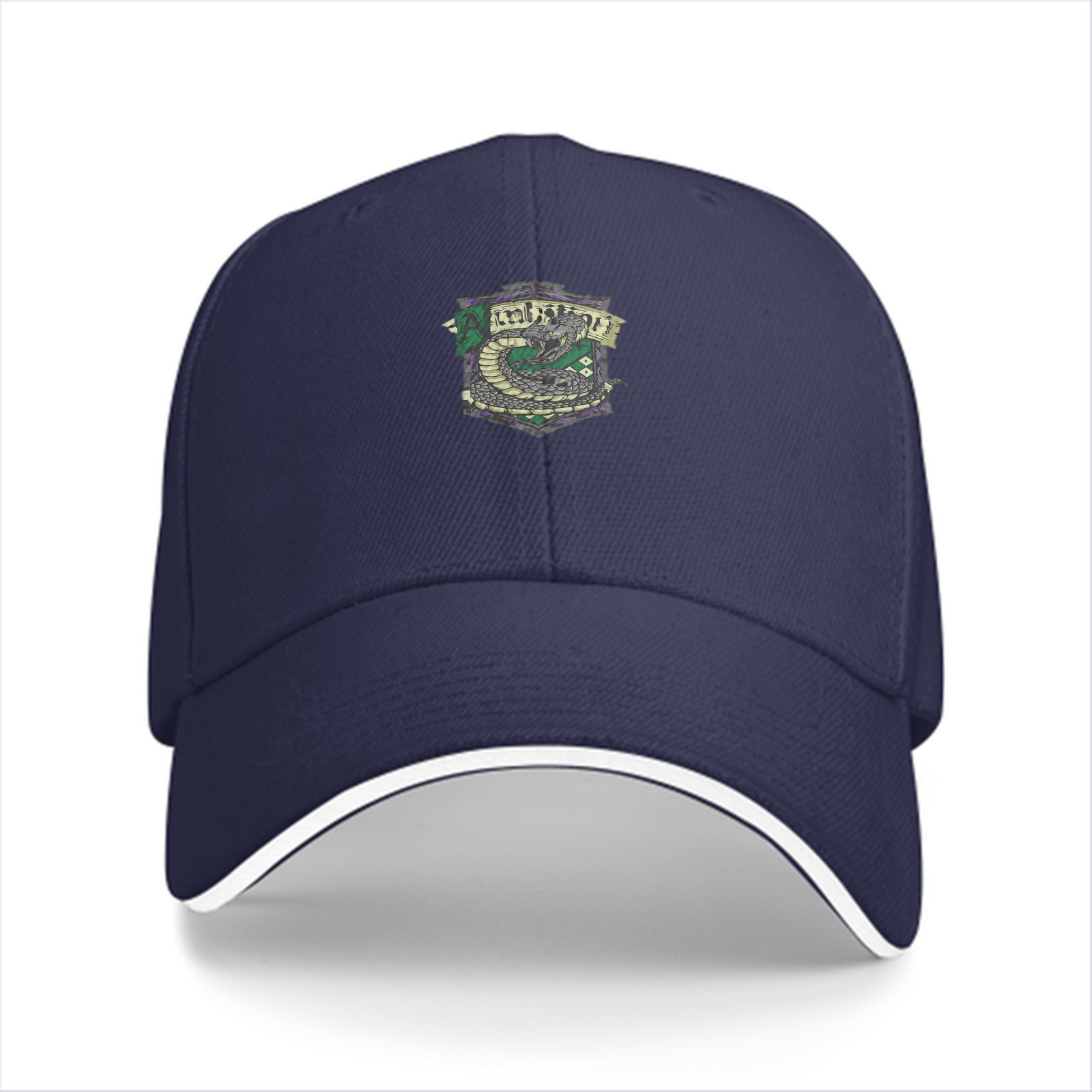 Black baseball cap with Slytherin-style serpent crest emblem