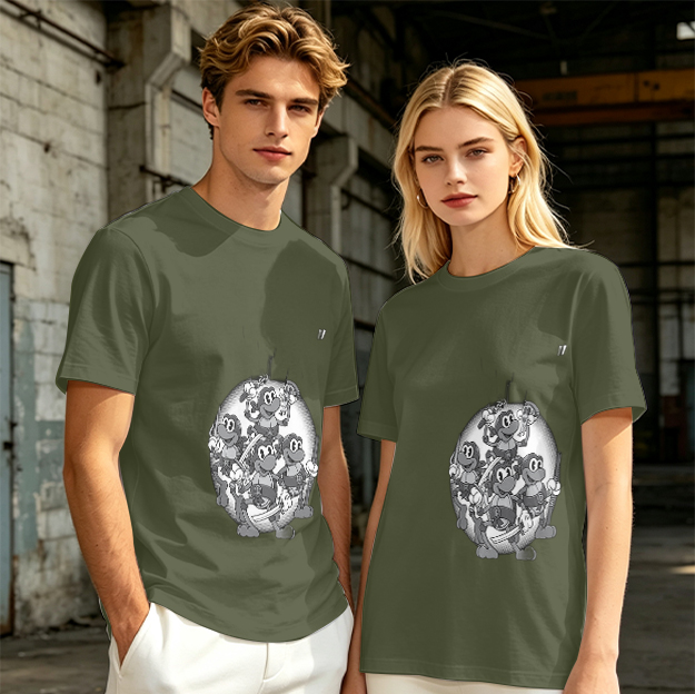 Olive green graphic t-shirt with cartoon monkey crew print