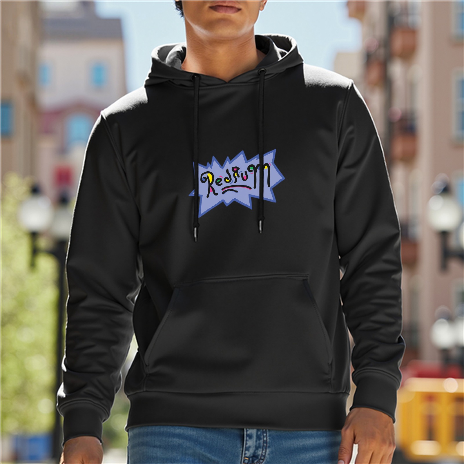 Black hoodie with Rugrats-style Redrum graphic print