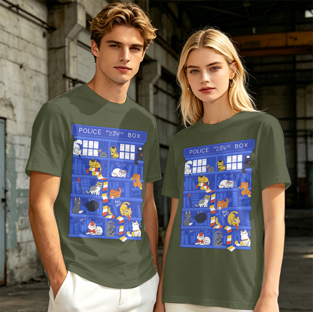 Olive T-Shirt with Police Box and Playful Cats Graphic