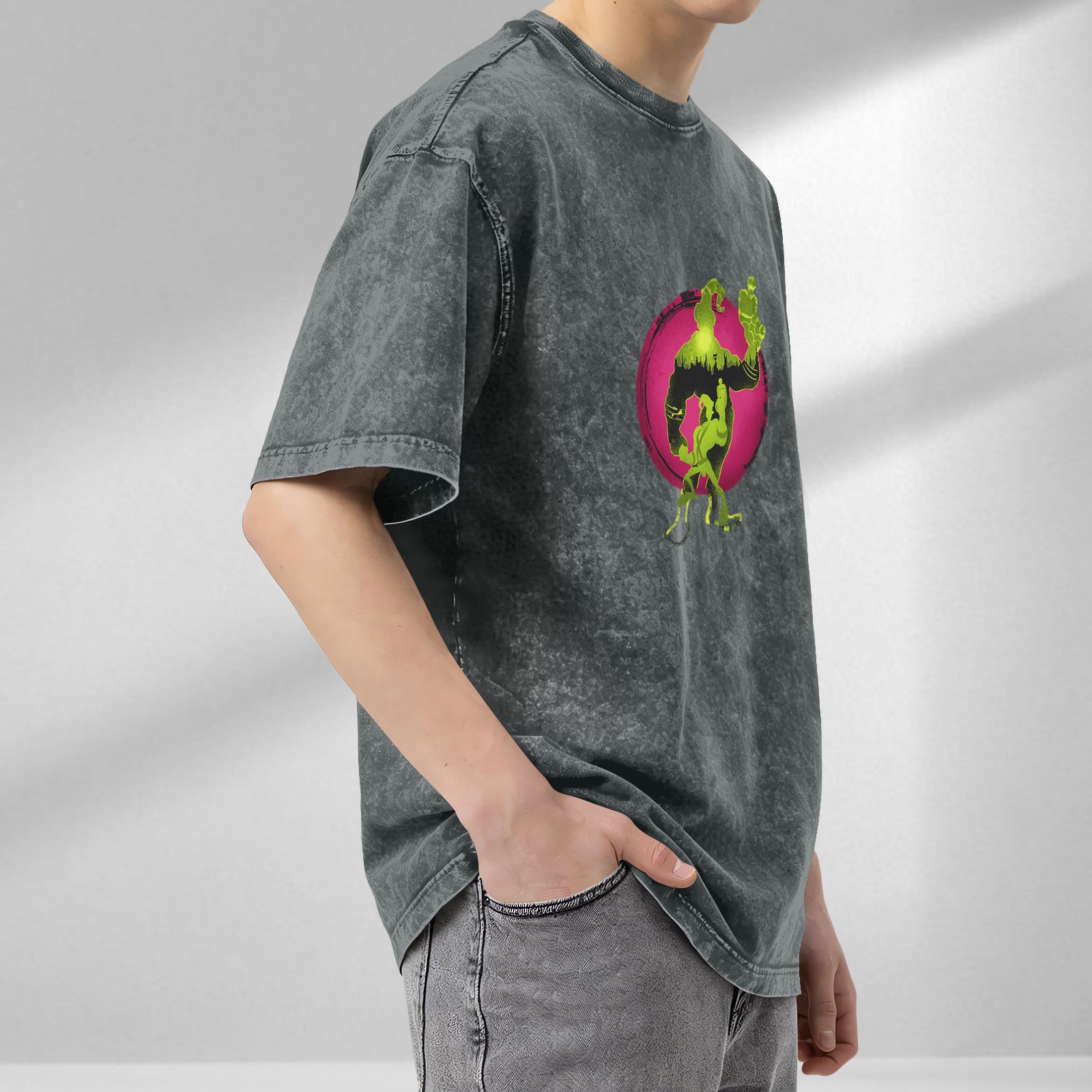 Oversized Acid Wash T-Shirt With Neon Green Cartoon Silhouette Print