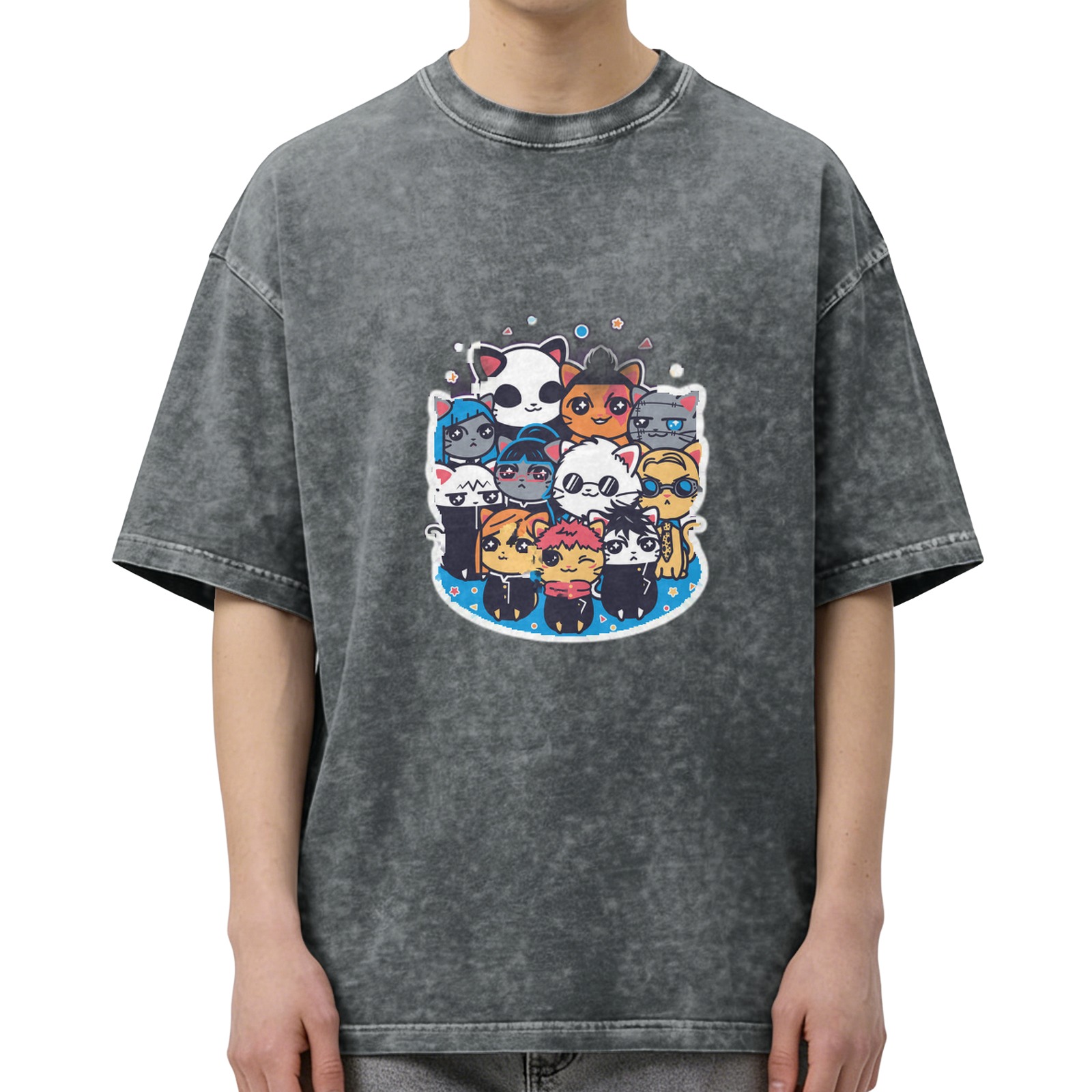 Washed black oversized t-shirt with cute anime cat character group print