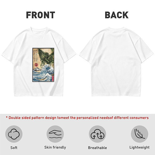 Olive T-shirt with Japanese ukiyo-e style Cthulhu wave print