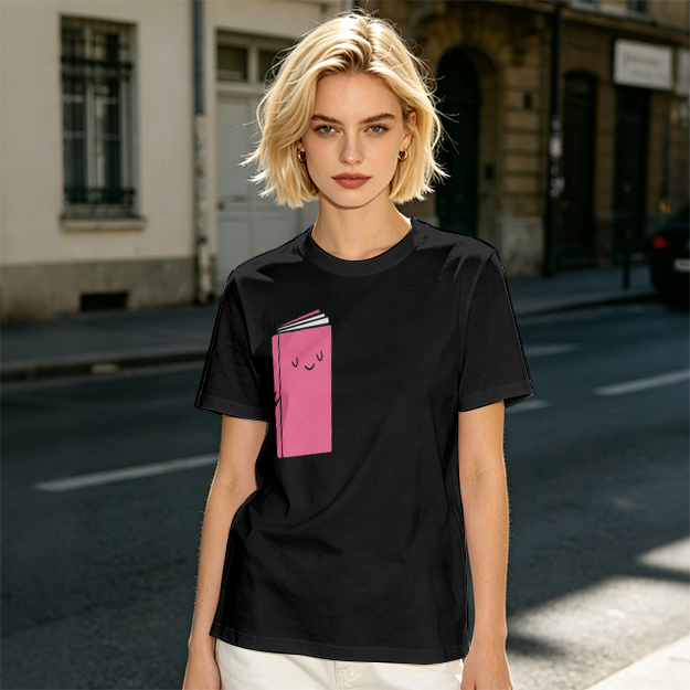 Olive Green T-Shirt With Cute Smiling Pink Book Graphic