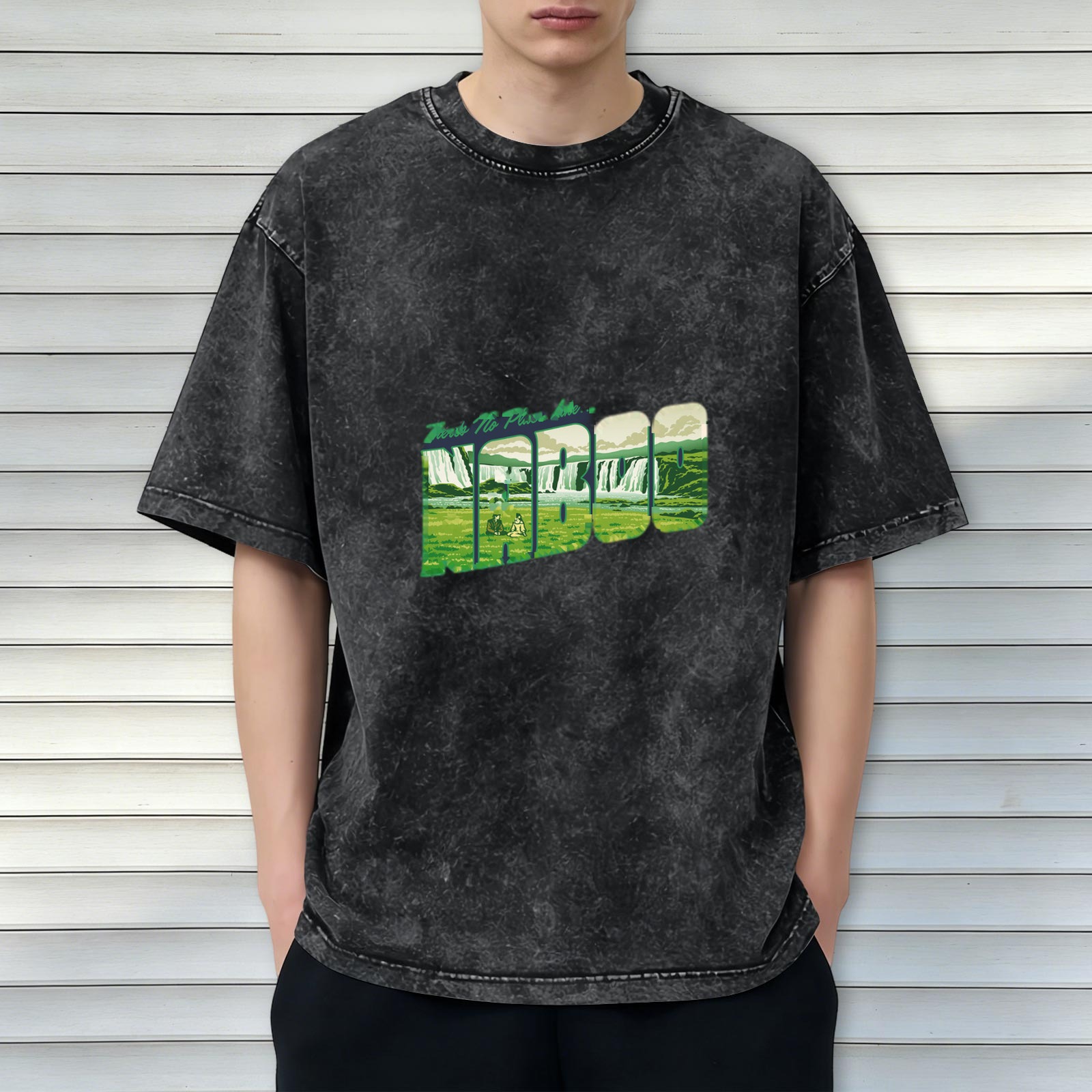 Oversized Acid Wash T-Shirt With Waterfall Landscape Graphic