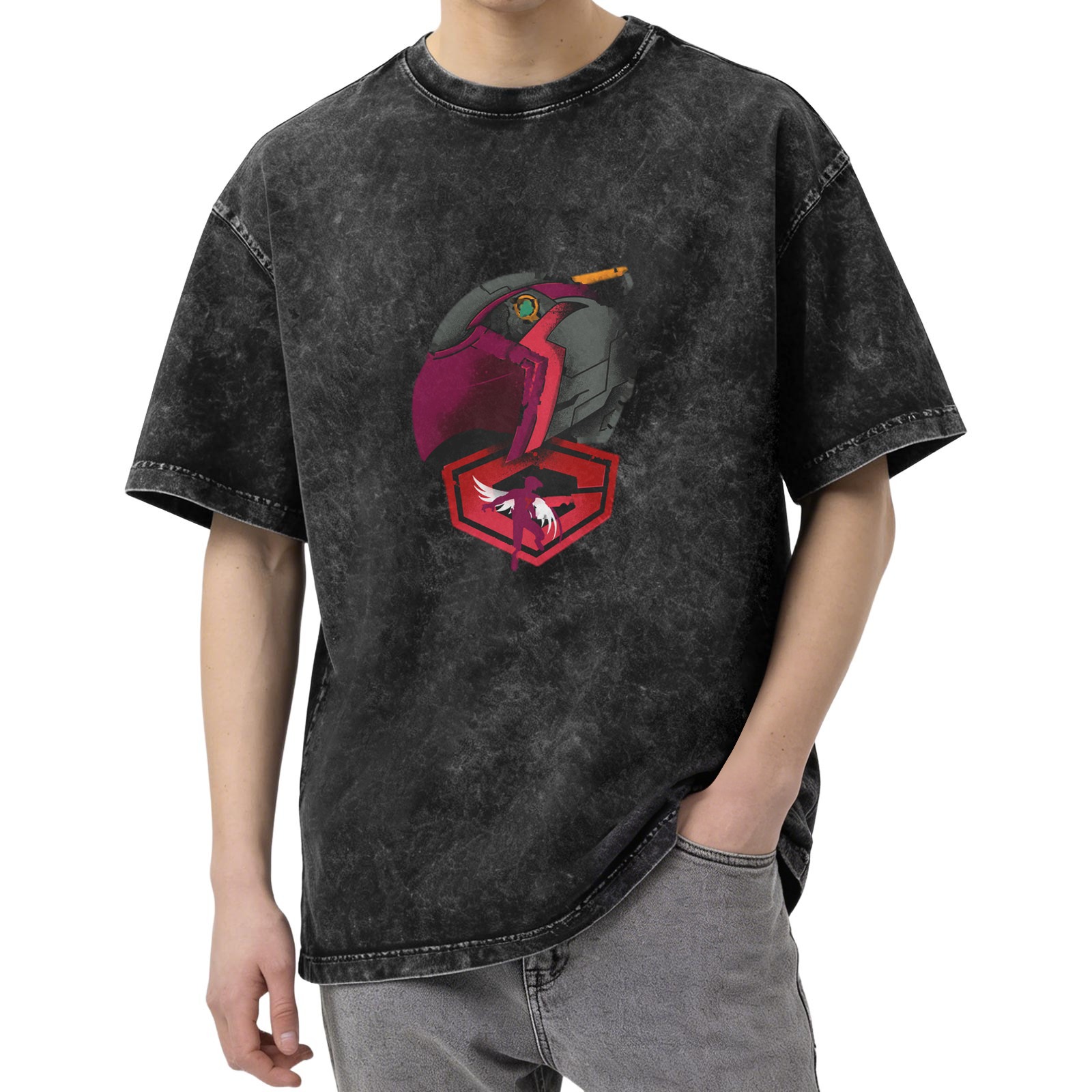 Oversized Washed T-Shirt With Mech Helmet Graphic Print
