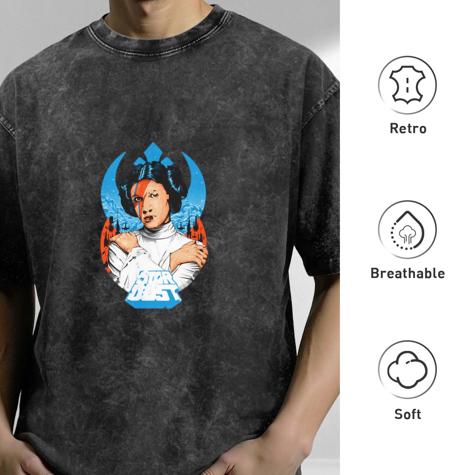 Washed Black T-Shirt with Princess Leia David Bowie Mashup Graphic