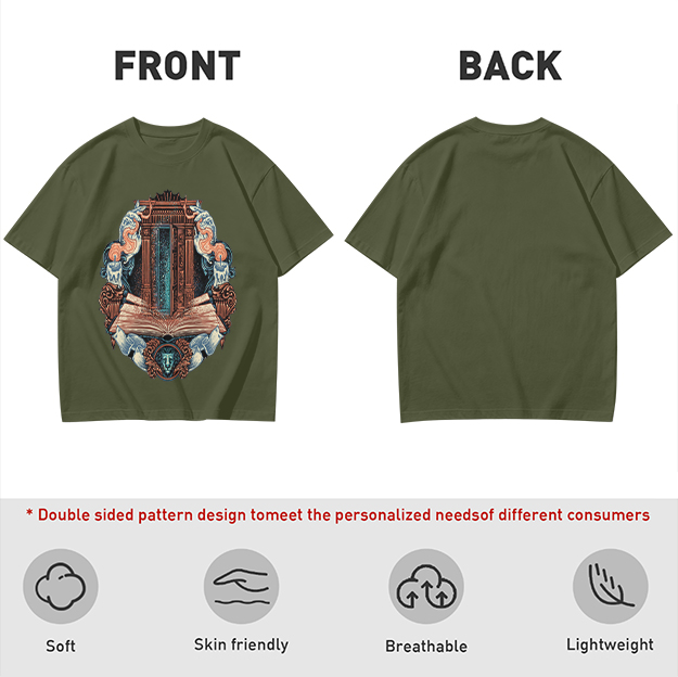 Olive T-Shirt With Ornate Architectural Book Print