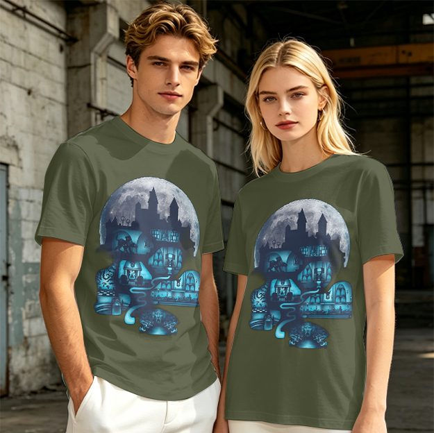 Olive T-Shirt With Glowing Castle Moon Night Graphic Print
