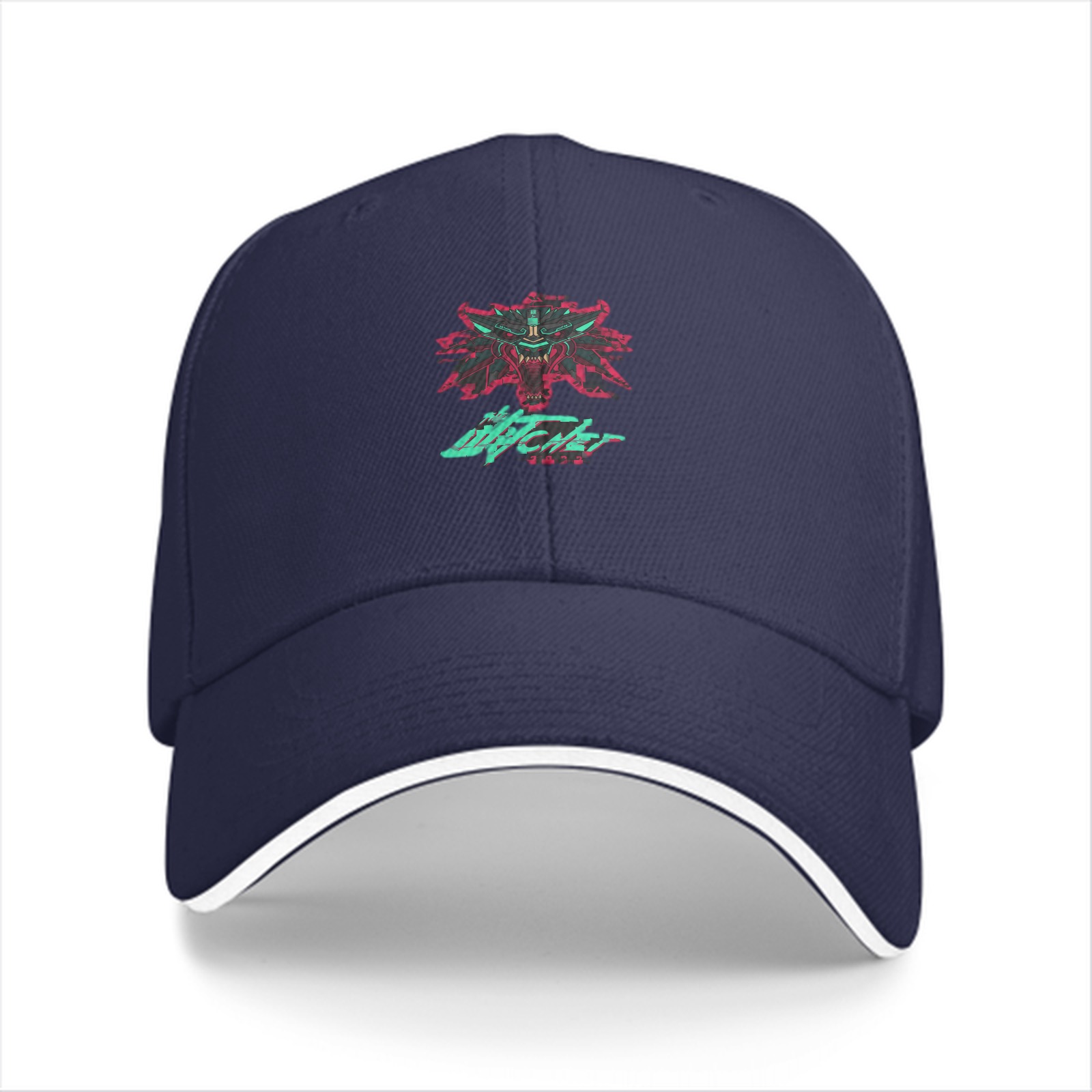 Black baseball cap with cyberpunk witcher wolf emblem graphic