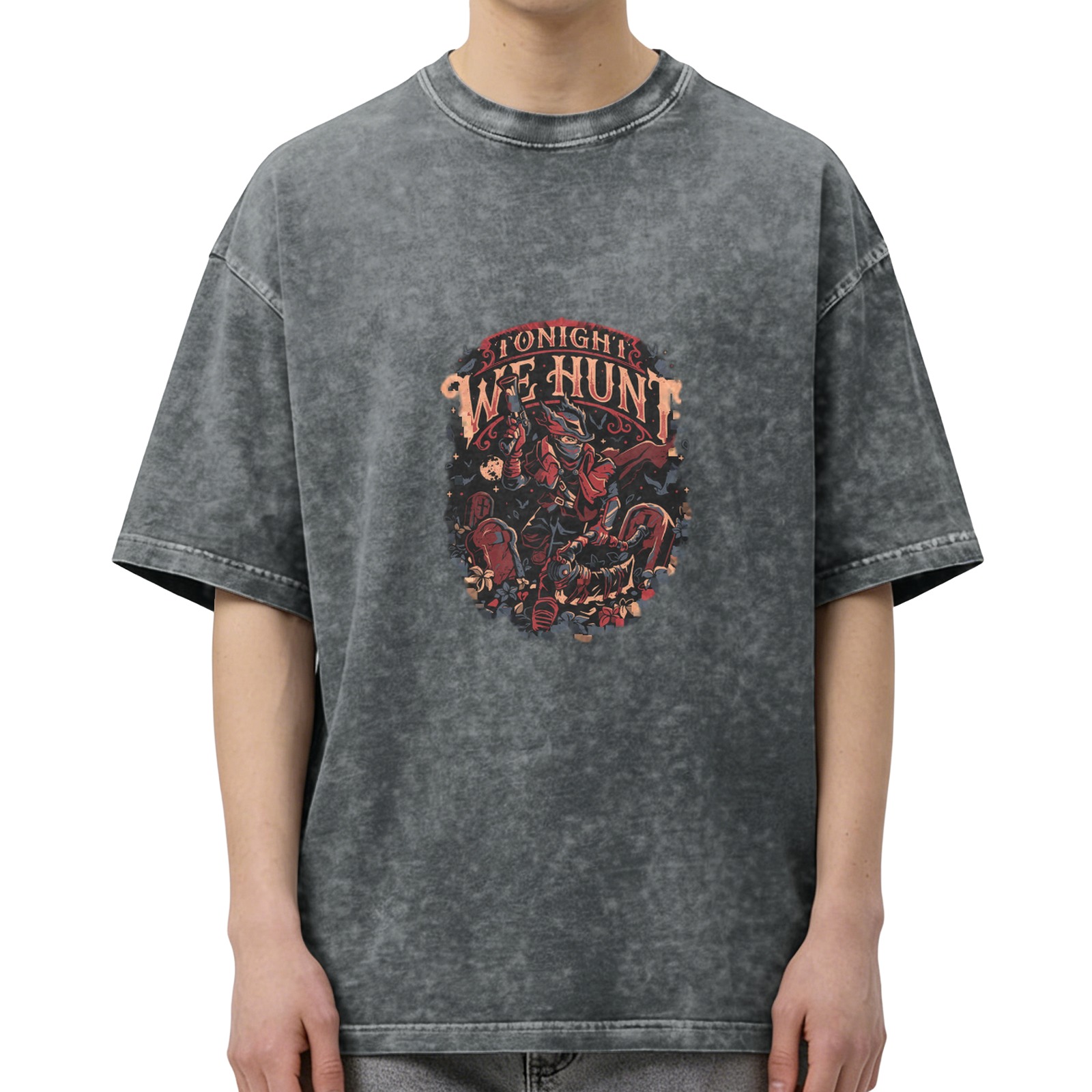 Washed Black Graphic T-Shirt With Tonight We Hunt Monster Hunter Design