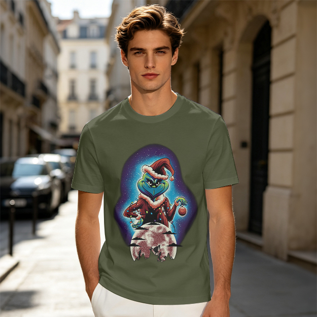 Olive T-shirt with Grinch in Santa Hat Holding Christmas Ornament