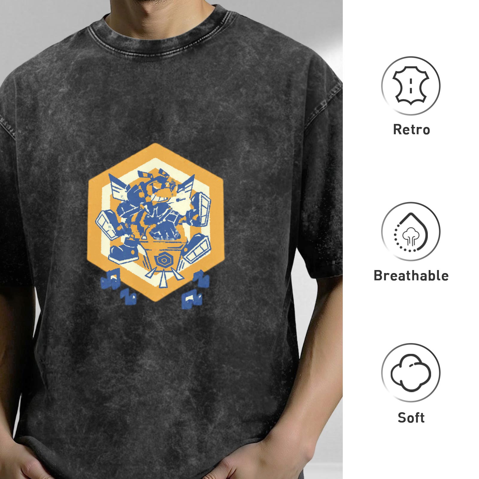 Oversized Acid Wash T-Shirt With Hexagon Robot Graphic Print