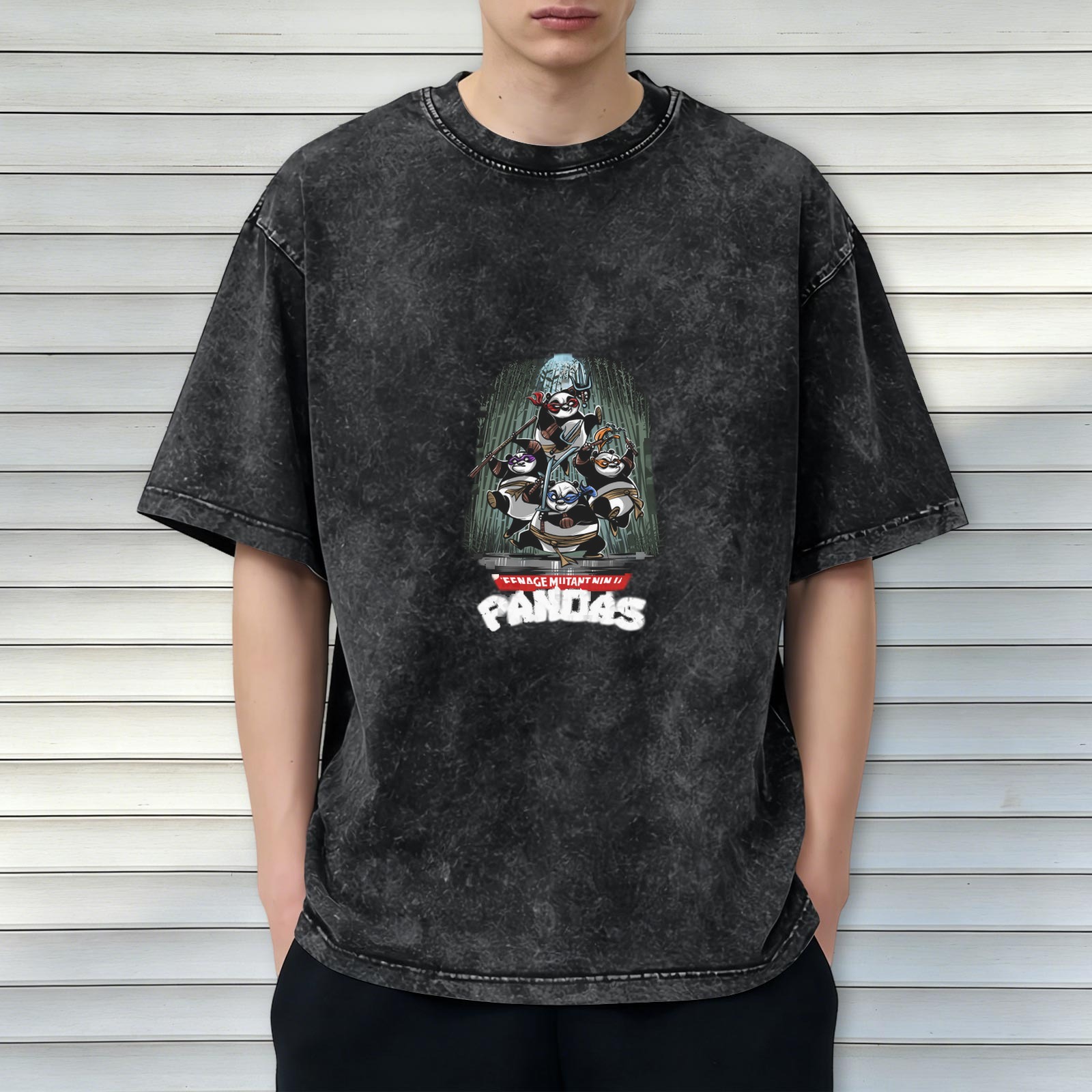 Oversized Washed Black T-Shirt with Teenage Mutant Ninja Pandas Graphic Print