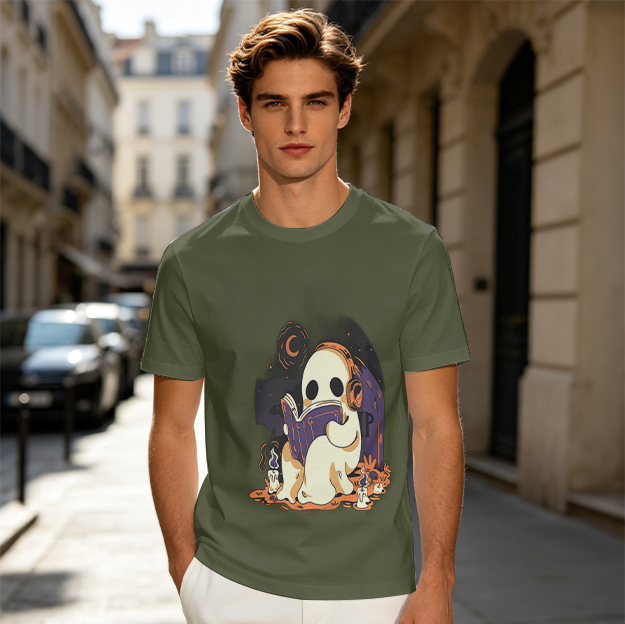 Olive t-shirt with a ghost reading a book in a graveyard scene