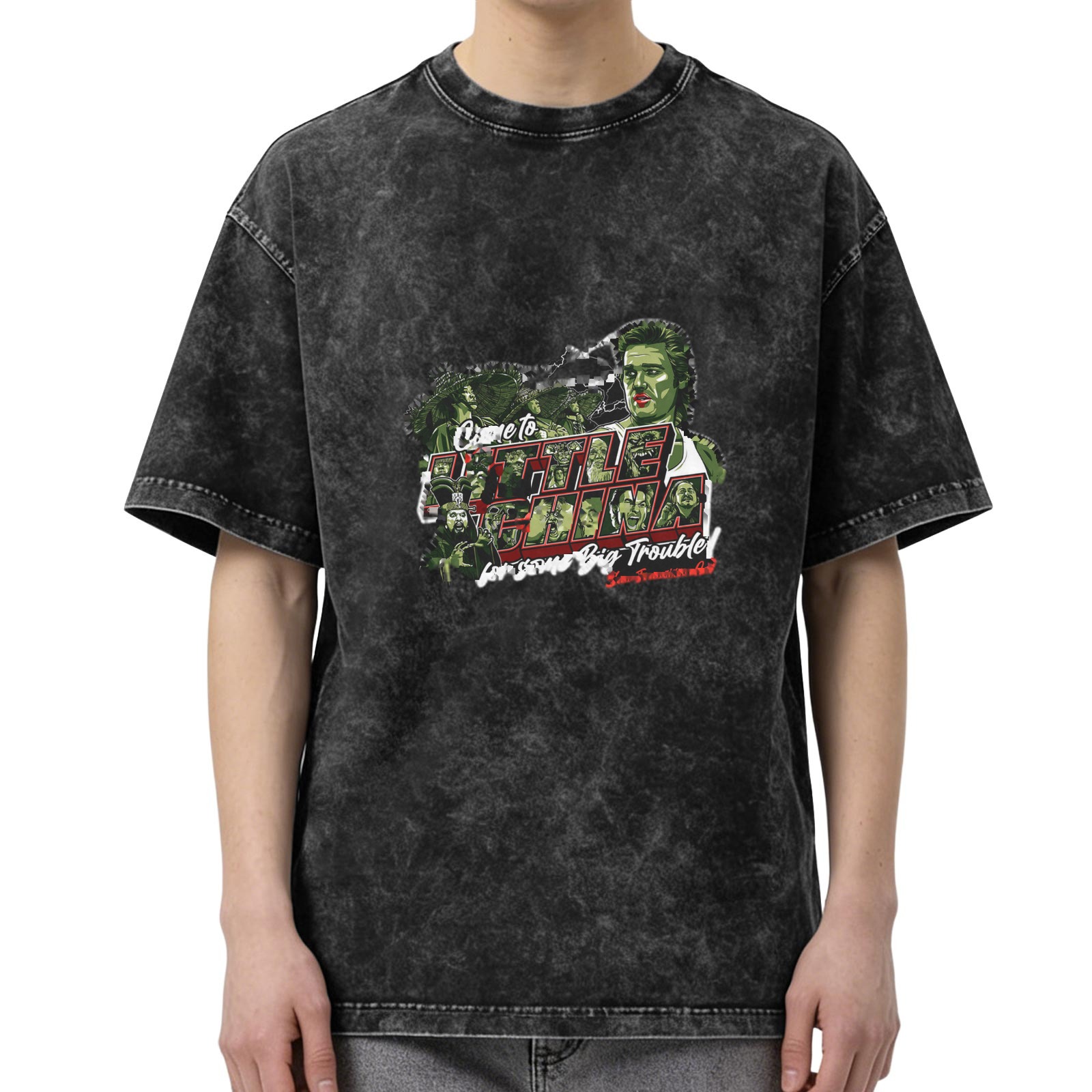 Retro washed black short-sleeved T-shirt with movie 