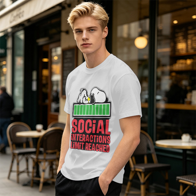 Olive t-shirt with Snoopy 'Social Interactions Limit Reached' print
