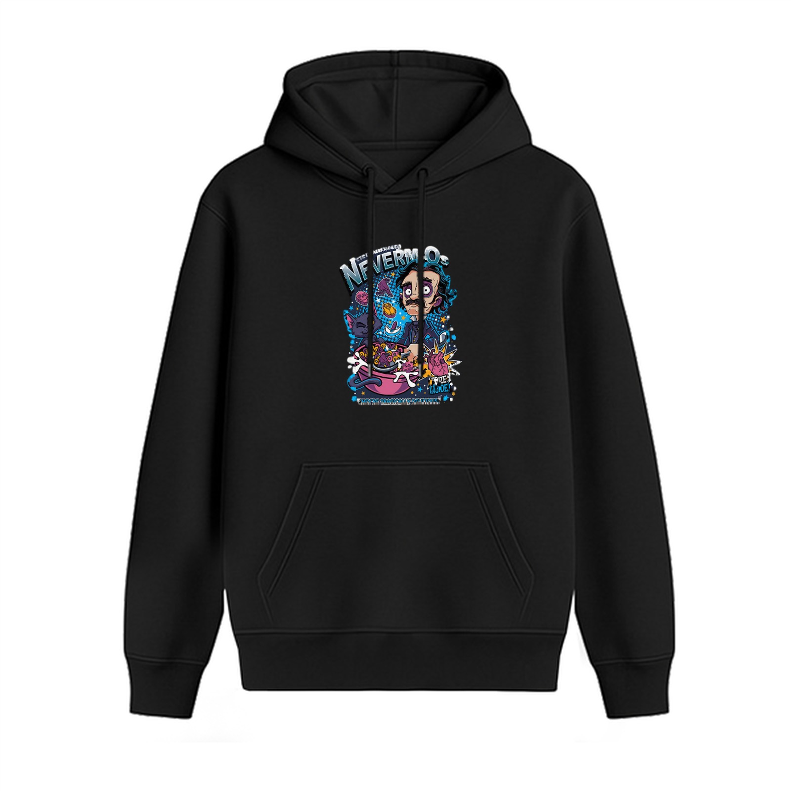Black hoodie with whimsical cosmic graphic print