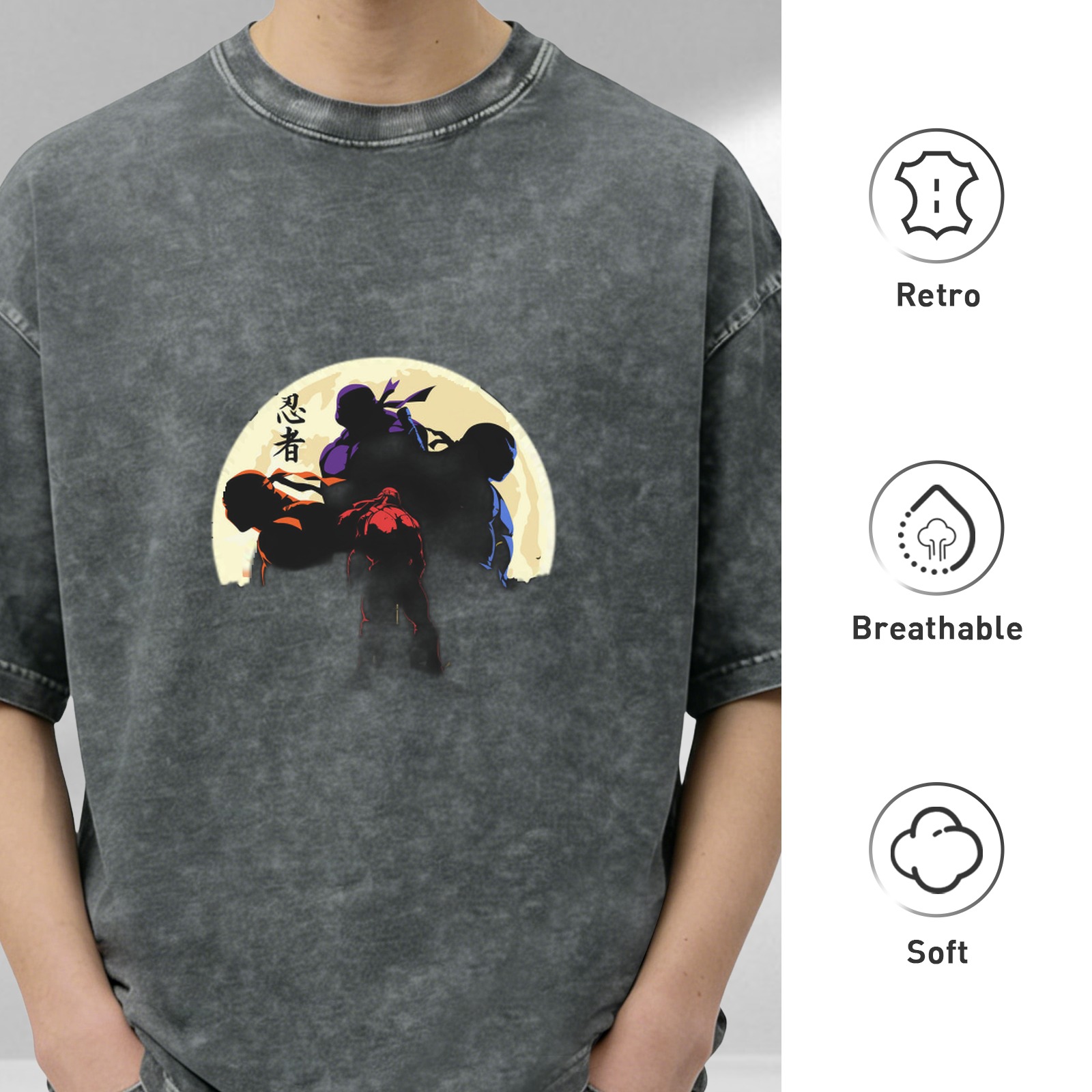Washed black t-shirt with ninja silhouettes against a full moon