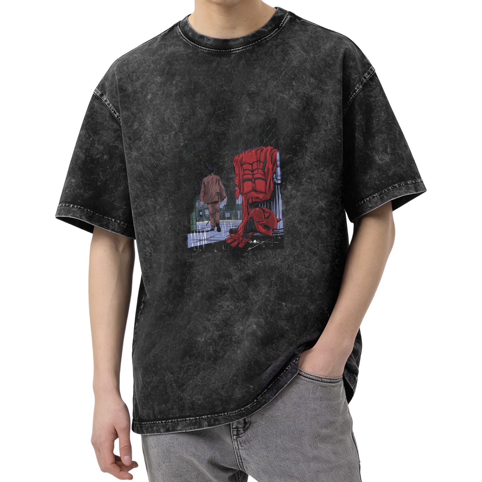 Washed Black Graphic Tee With Superhero And Figure Print