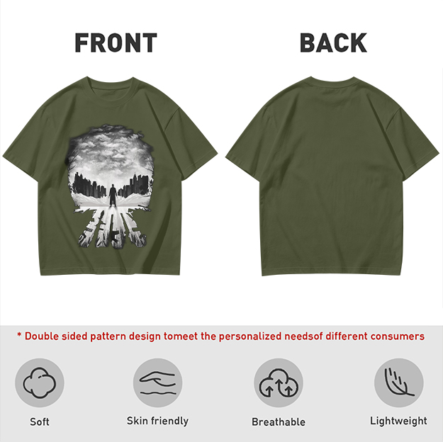 Olive Green T-Shirt With Skull Silhouette Cityscape Artwork