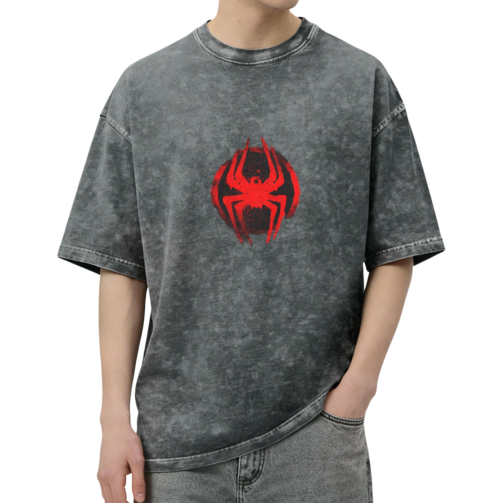 Washed Black Oversized T-Shirt with Red Spider Logo Graphic