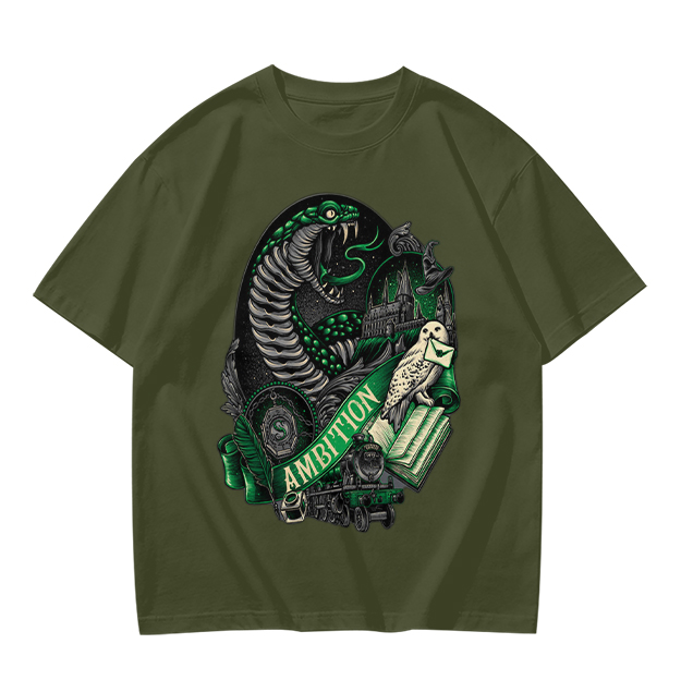 Olive Green T-Shirt With Slytherin Ambition Snake Owl Graphic