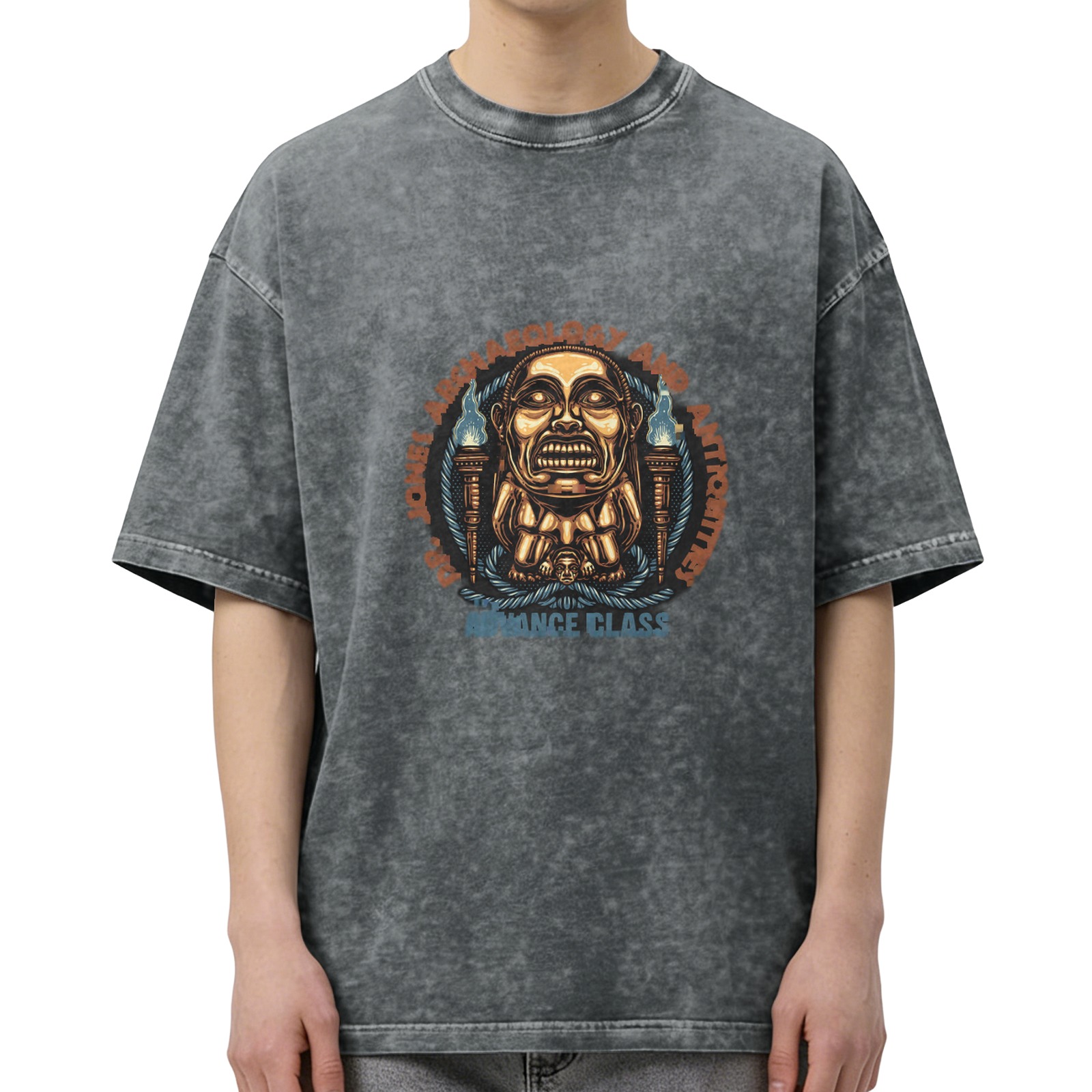 Washed Black T-Shirt with Ancient Idol Archaeology Graphic