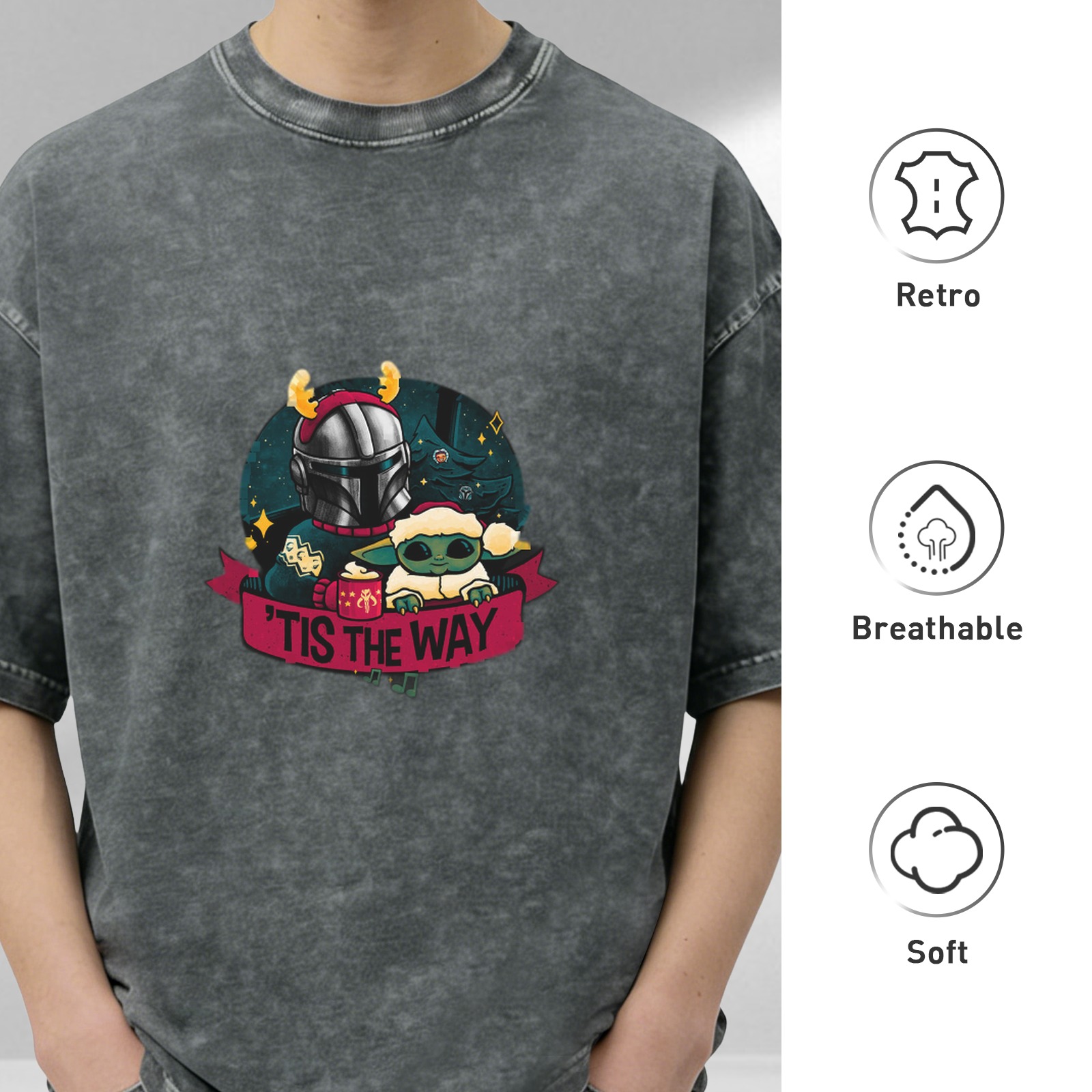 Star Wars Mandalorian & Grogu 'Tis The Way Christmas Graphic Oversized Stone Wash T-Shirt