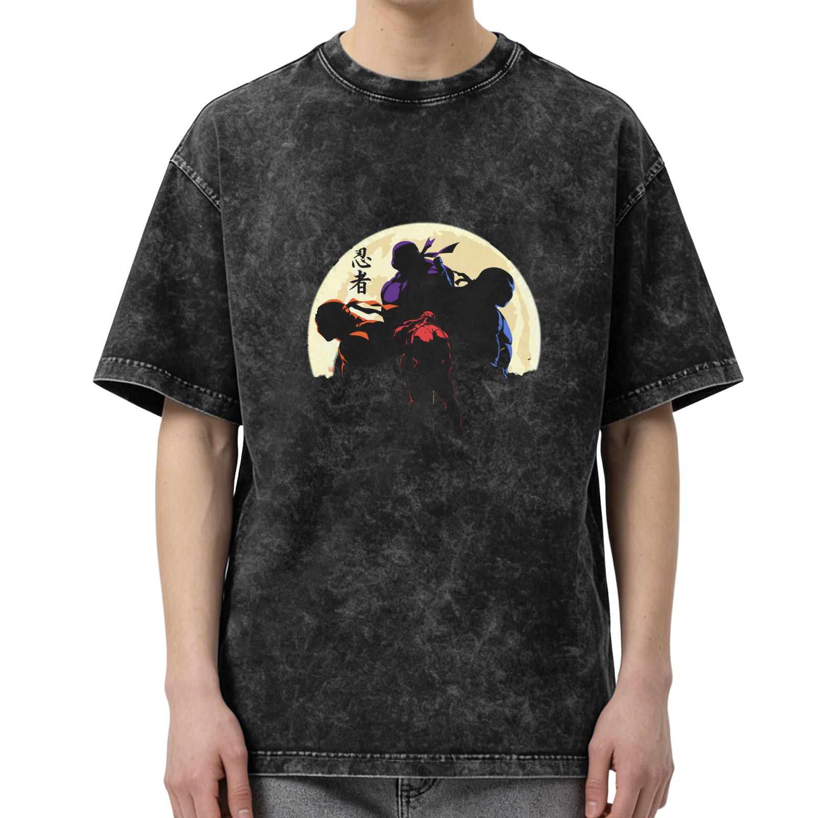 Washed black t-shirt with ninja silhouettes against a full moon