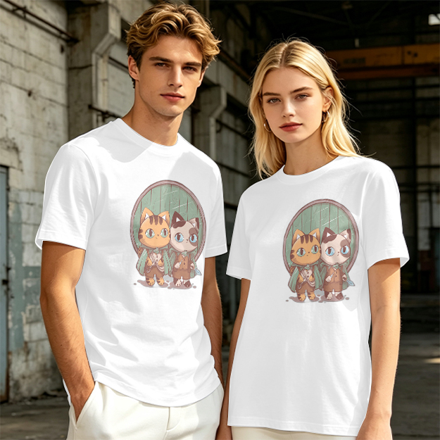 Olive Green T-Shirt With Cute Cat Fantasy Character Print